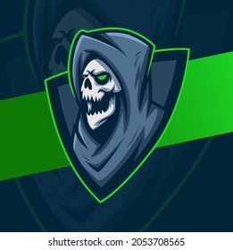 reaper skull head with hood mascot character esport logo design best design for gaming and sport logo