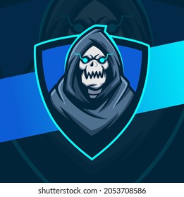 reaper skull head with hood mascot character esport logo design best design for gaming and sport logo