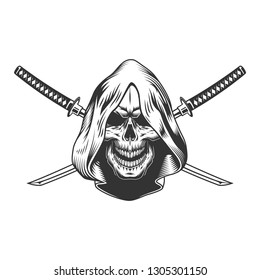 Reaper skull in hood with crossed sabers in vintage monochrome style isolated vector illustration