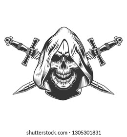 Reaper skull in hood with crossed swords in monochrome vintage style isolated vector illustration