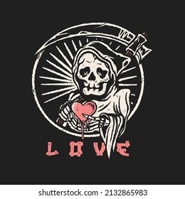 Reaper Skull With Love. Reaper Vintage Illustration