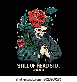 reaper skull is praying, with roses flower arround. there's a lot of light around it