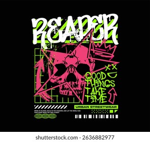 Reaper slogan with skull artwork in graffiti urban style. Perfect for T-shirt design, apparel, streetwear, hoodie, and merchandise. Vector illustration