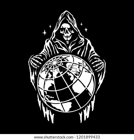 Reaper stands over the planet on a black background. Vector file.