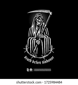 Reaper with the words death before dishonor. Design for printing on t-shirts, stickers and more. Vector.