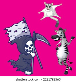 reaper, zebra and bird cartoon vector art illustration