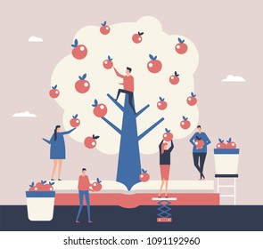 Reaping the harvest - flat design style illustration. A composition with cute characters, office workers or businessmen picking up apples from the tree. Effective and successful business concept