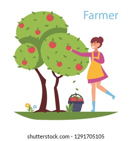 Reaping the harvest - flat design style illustration. Composition with a cute girl who collects apples from the tree. Efficient and successful farming business concept