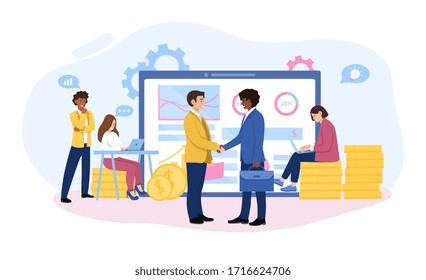 Reaping the rewards from a smart investment with two businessmen shaking hands in front of a laptop, working team and stacked gold coins, colored vector illustration with copy space for text