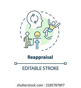 Reappraisal Concept Icon. Positive Mindset. Reduce Negative Impact. Cognitive Change Abstract Idea Thin Line Illustration. Isolated Outline Drawing. Editable Stroke. Arial, Myriad Pro-Bold Fonts Used