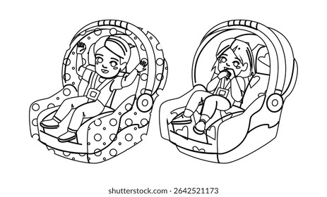 rear baby car seat vector. facing facing, installation harness, booster travel rear baby car seat character. people black line pencil drawing illustration