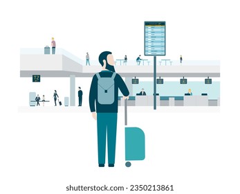 Rear, back view of a bearded man character with a trolley suitcase and a bag inside the departures hall of an airport with people and a departures board sign in the background. Vector illustration.