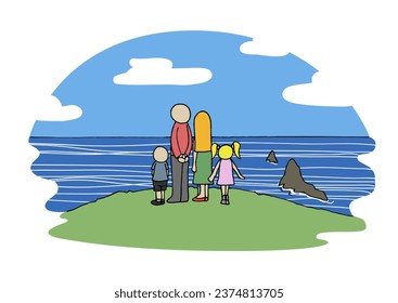 Vista trasera y trasera de una familia que da al mar. Paisaje. Dibujo manual de dibujos animados estilo colorido ilustración vectorial.