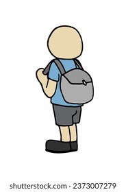 Rear, back view of a little boy character standing wearing a backpack. Colorful hand drawn comic cartoon style vector illustration isolated on white background.