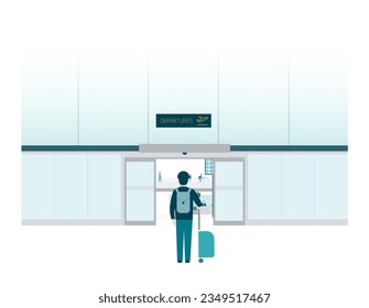 Rear, back view of a man in front of the departures open door, gate of a modern airport with his trolley, suitcase and a bag. Transportation. People holidays. Colorful flat style vector illustration.