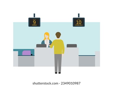Hintere, rückseitige Ansicht eines Mannes, der einer Frau seinen Pass in den Check-in-Schreibtischen eines Flughafens mit seinem Koffer, Trolleytasche gibt. Bordschalter. Farbige, flache Vektorgrafik.