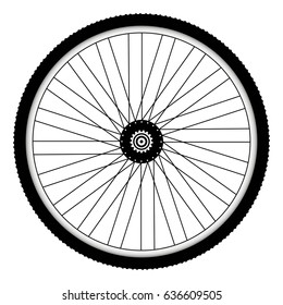Rear bicycle wheel with spiked bicycle tire vector  Bike rubber. Mountain tyre. Valve. Fitness cycle. MTB. Mountainbike.