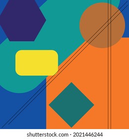 Rear with brown circle, orange rectangle, blue triangle and hexagon with disproportionate lines