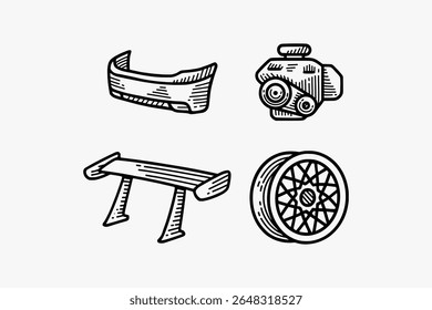 para-choques traseiros, motor rotativo, alta spoiler corrida, malha spoke, roda de carro gravação doodle ilustração vetor design conjunto para automotivo, corrida, garagem, oficina, veículo, serviço personalizado, reparação