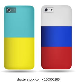 Rear covers smartphone with flags of Ukraine and Russia  