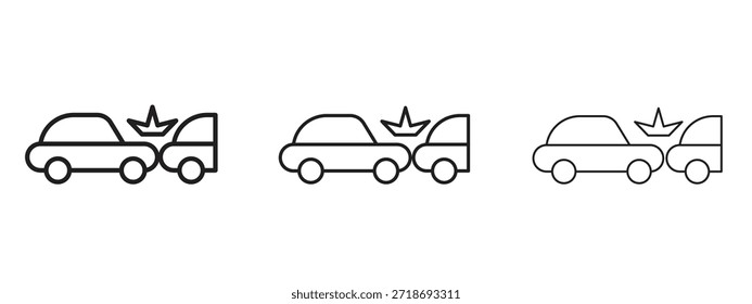 Conjunto de pictogramas negros con el logotipo del icono de colisión del extremo trasero. arte de contorno de línea delgada.