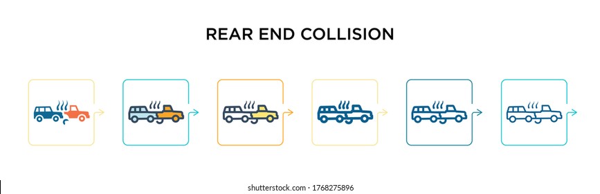 Rear end collision vector icon in 6 different modern styles. Black, two colored rear end collision icons designed in filled, outline, line and stroke style. Vector illustration can be used for web, 