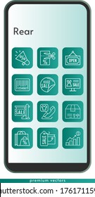 rear icon set. included shopping bag, megaphone, profits, online shop, sale, package, voucher, phone call, barcode, open icons on phone design background . linear styles.