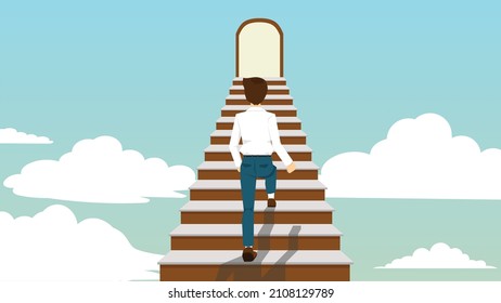 Rear side of Businessman in relax business suit walking up stairs brown color. Walking up to the goal in the door. Background of blue sky and white clouds. Concept of hope high in the sky