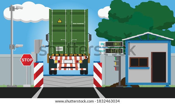 Rear side of container truck on the weighing\
scale at the checkpoint. After transport operations. Beside with\
many equipment Score board CCTV camera. And hard of driver scan\
card on Scanning cabinet.