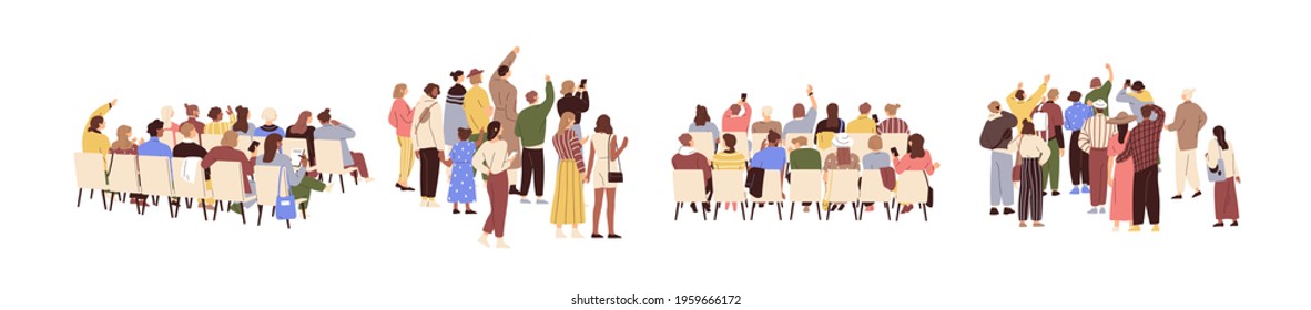 Rear view of academic auditorium, fan audience, people s crowd. Set of spectator's backs. Backside of characters sitting and standing. Colored flat graphic vector illustration isolated on white