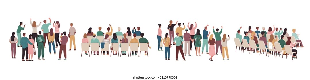 Rear view of academic auditorium, fan audience, people crowd. Set of viewers of performance. Standing and sitting spectator backs. Cartoon flat vector collection isolated on white background