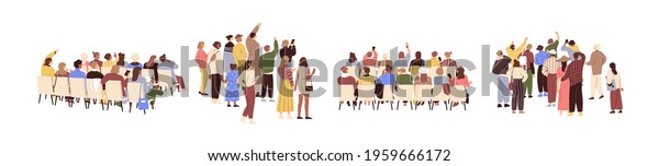 Rear view of academic auditorium, fan audience,\
people s crowd. Set of spectator\'s backs. Backside of characters\
sitting and standing. Colored flat graphic vector illustration\
isolated on white