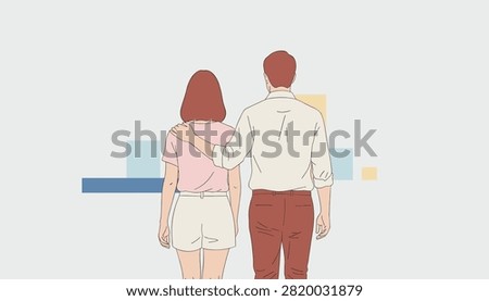 Rear view of affectionate young couple standing together with man putting his arm around woman shoulder on minimalist background.