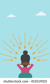 Rear view of an african-american young sitting woman with some arrows poinded to her head. Vector flat design illustration. Vertical layout.
