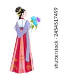 rear view of an Asian young woman in profile. fashion girl with jewelry in hairstyle holding flowers. back view of lady in ancient Chinese costume. pretty princess