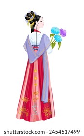 rear view of an Asian young woman in profile. fashion girl with jewelry in hairstyle holding flowers. back view of lady in ancient Chinese costume. pretty princess