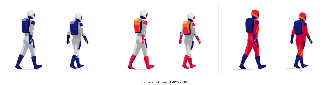 Rear view astronauts explorer walking on white background. Future moon mars red planet exploration mission crew. Starman in modern design style space suit with helmet. Isolated vector illustration.