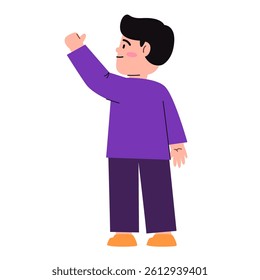 Rear view back view of character waving say hi character wear purple clothes vector illustration 