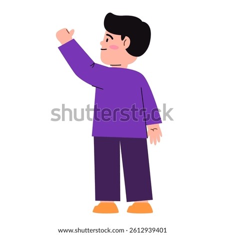 Rear view back view of character waving say hi character wear purple clothes vector illustration 