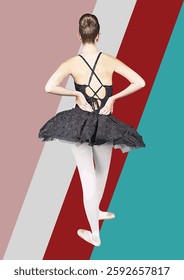 Rear view of ballerina holding lower back, wearing black tutu, white tights and pointe shoes, posing on colorful geometric background. Hand drawn illustration