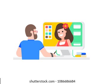 Rear view of bearded male illustrator sitting at desk with computer and draws vector image of girl, on white background. Vector illustration