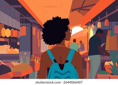 Rear view of a black woman walking at a local flea market at sunset on a solo vacation for a slow travel concept. African American tourist looking at food stalls in a village fair on summer holiday
