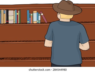 Rear view of blond person in cowboy hat looking at bookshelf