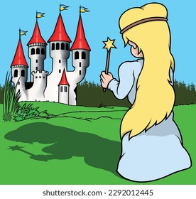 Rear View of a Blonde Fairy with a Magic Wand in her Hand - Colored Cartoon Illustration with Background, Vector
