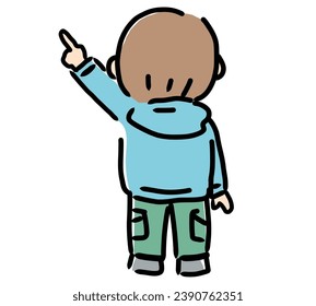 Rear view of a boy pointing and explaining.