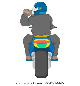 rear view of boy riding a cool motorbike. vector design illustration art