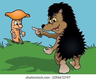 Rear View of a Brown Hedgehog with his Head Turned and his Finger Pointing - Colored Cartoon Illustration with Background, Vector