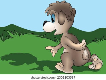 Rear View of a Brown Leaving Teddy Bear - Colored Cartoon Illustration with Background, Vector