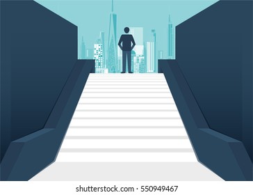 Rear view of a businessman climbing stairs to get to a large city center. Concept of success and appreciation. vector design cartoon.