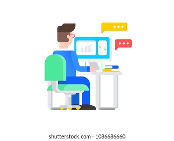 Rear view - businessman or remote worker in formal clothes working with computer with speech icons sitting at table on white background. Vector illustration